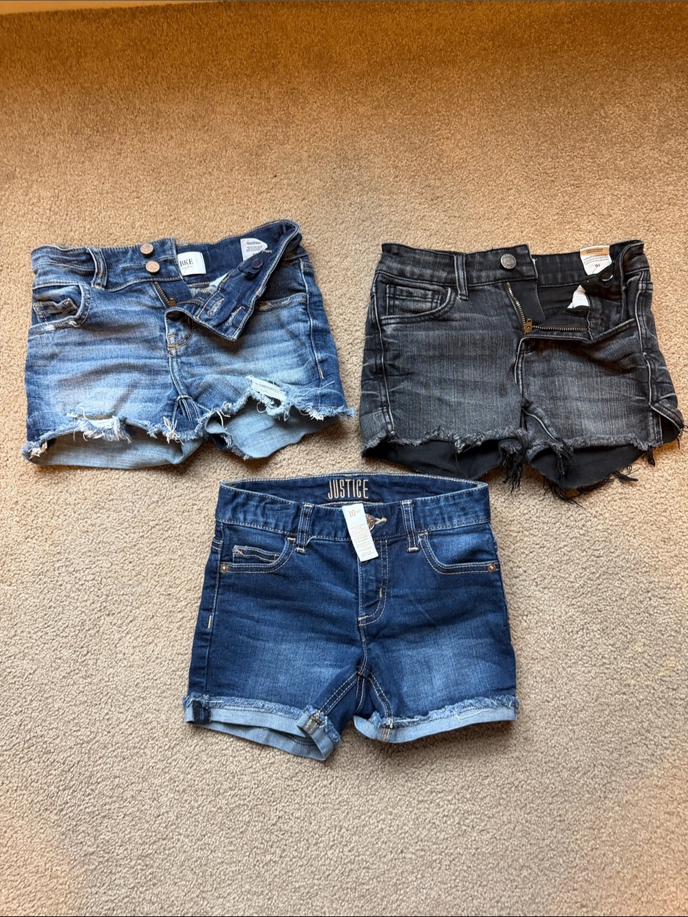 BKE Girls' Three-Pack Denim Shorts - Light Blue, Dark Blue & Black